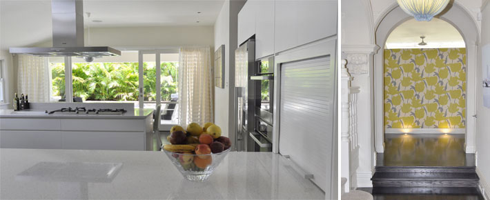 Kitchen is central to the space and caters to both living and dining areas - the transition between old and new invites light and maintains privacy